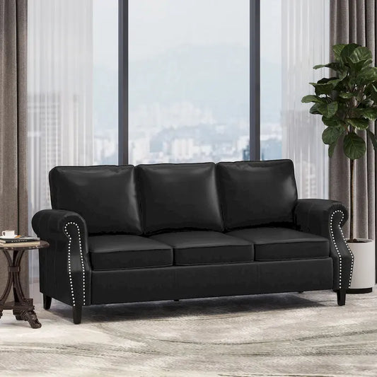 Black Modern 80s Faux Leather 3-seater Sofa with Birch Wood Legs and Nailheads for Living Room