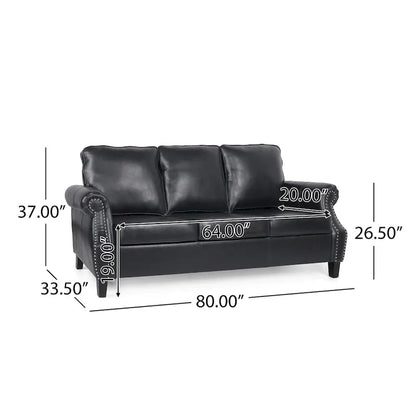 Black Modern 80s Faux Leather 3-seater Sofa with Birch Wood Legs and Nailheads for Living Room