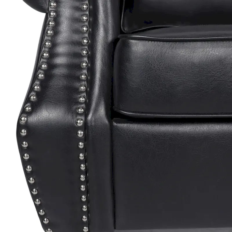 Black Modern 80s Faux Leather 3-seater Sofa with Birch Wood Legs and Nailheads for Living Room