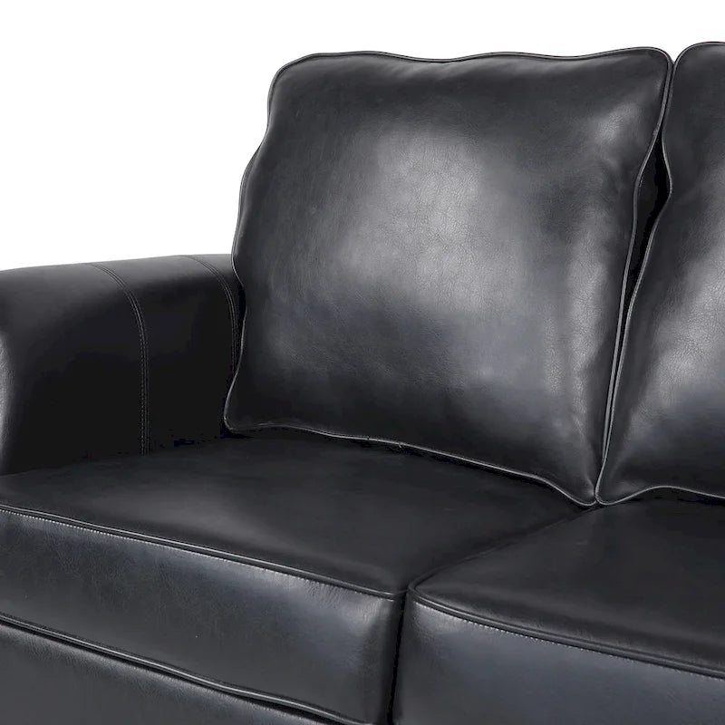 Black Modern 80s Faux Leather 3-seater Sofa with Birch Wood Legs and Nailheads for Living Room