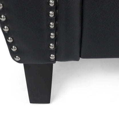 Black Modern 80s Faux Leather 3-seater Sofa with Birch Wood Legs and Nailheads for Living Room