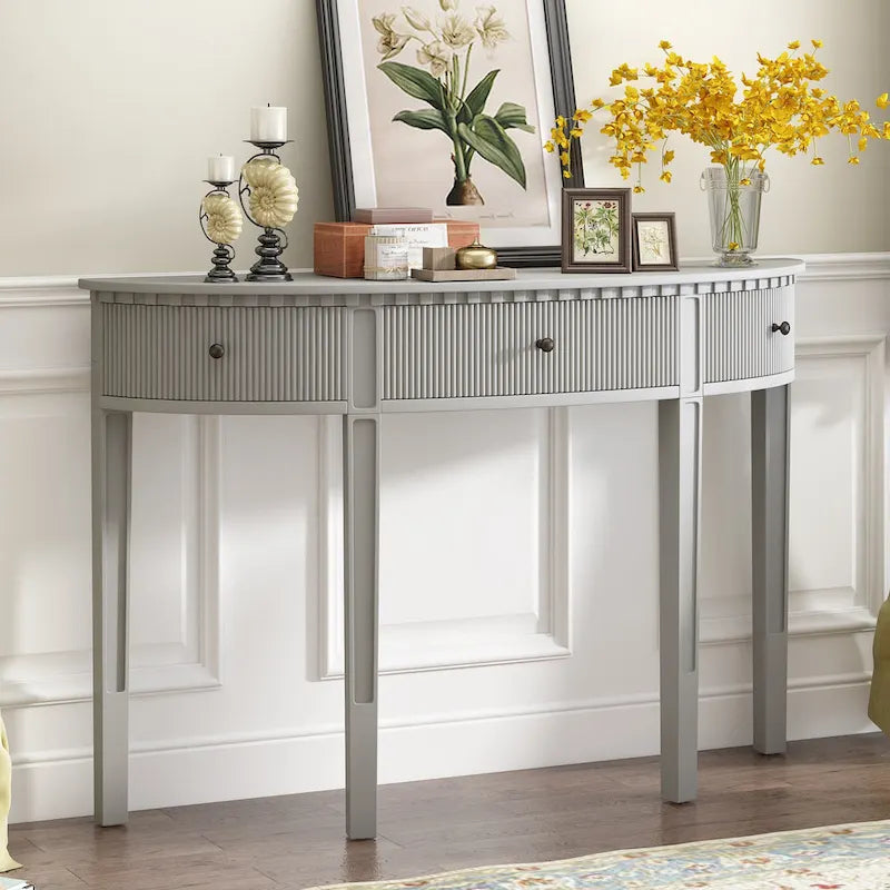 51.1 Modern Curved Console Table with Vertical Stripe Drawer Fronts for Entryway, Hallway, Living Room