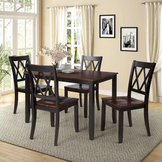 Black 5-Piece Wooden Dining Table Set with Rectangular Table &amp; 4 Chairs
