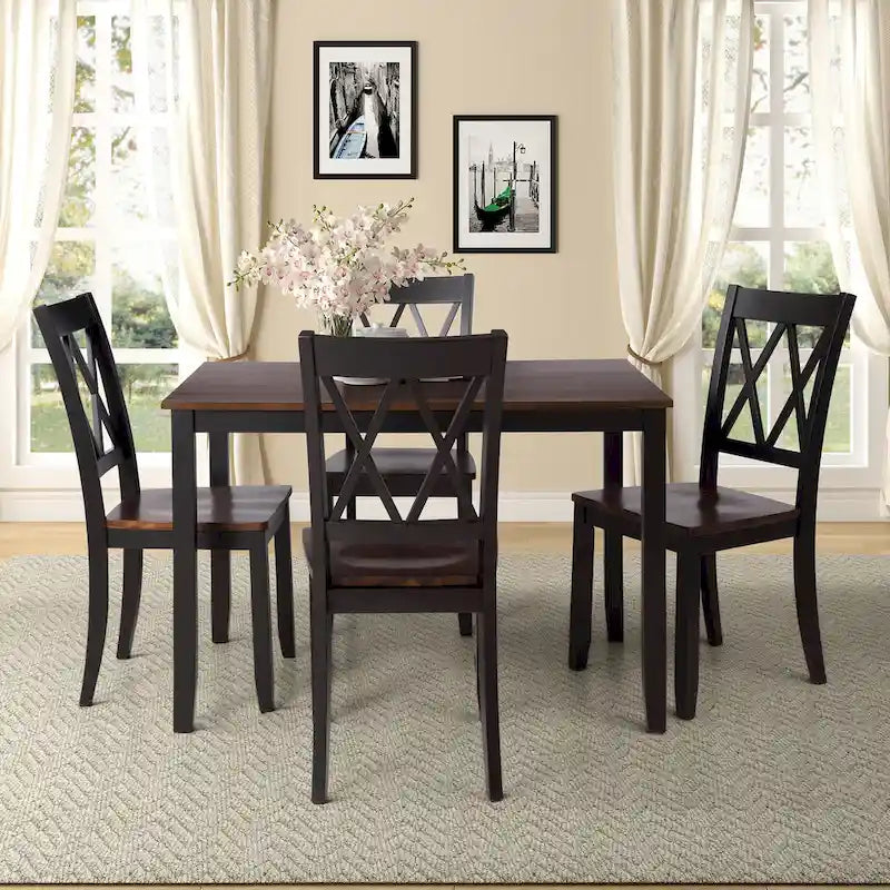 Black 5-Piece Wooden Dining Table Set with Rectangular Table &amp; 4 Chairs