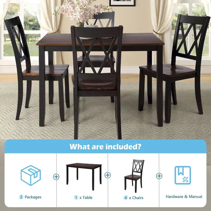 Black 5-Piece Wooden Dining Table Set with Rectangular Table &amp; 4 Chairs