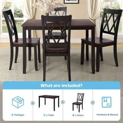 Black 5-Piece Wooden Dining Table Set with Rectangular Table &amp; 4 Chairs
