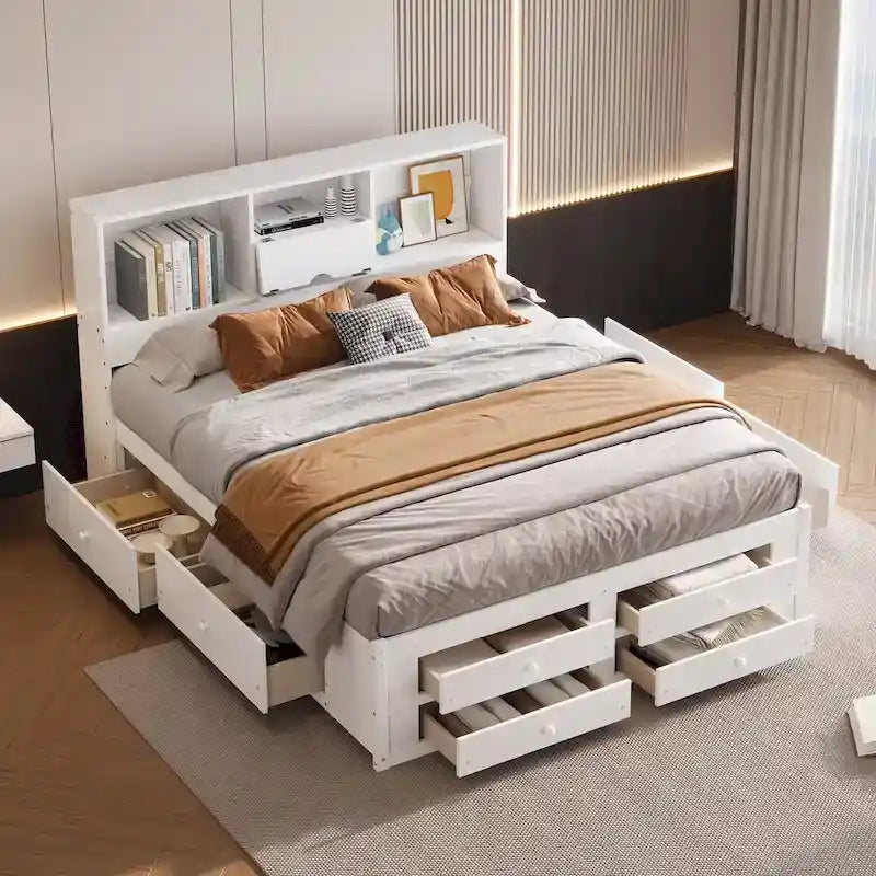 King Size Modern Wooden Bed with Storage Headboard and 8 Drawers