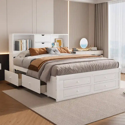 King Size Modern Wooden Bed with Storage Headboard and 8 Drawers