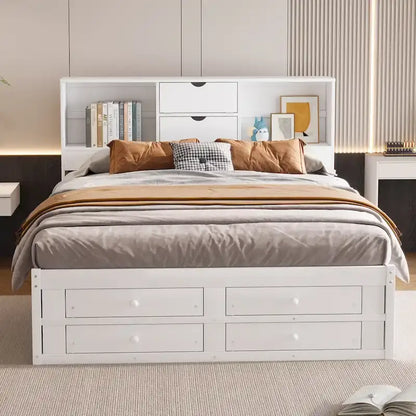 King Size Modern Wooden Bed with Storage Headboard and 8 Drawers
