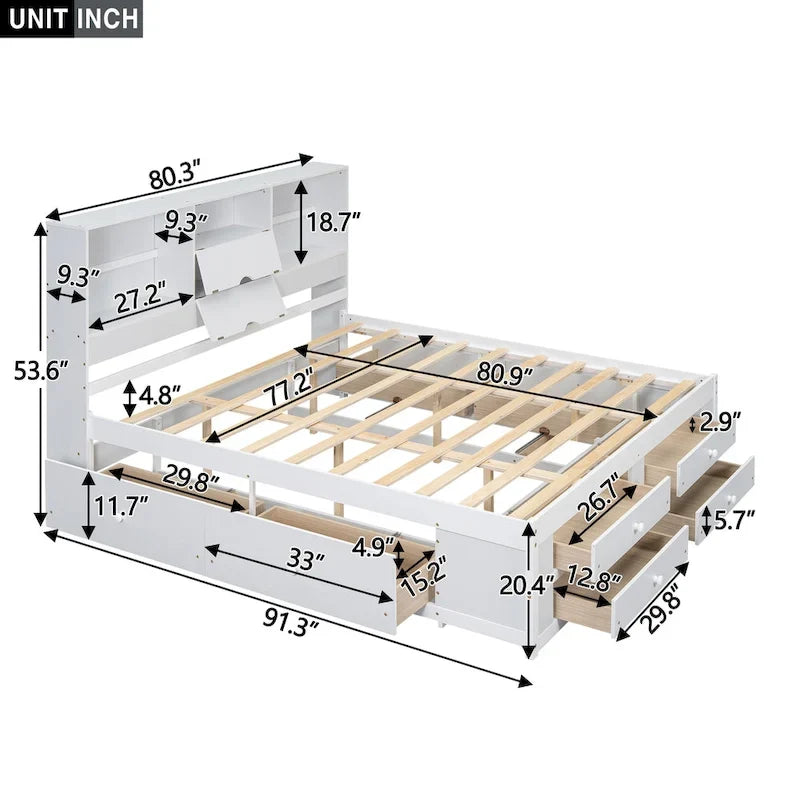 King Size Modern Wooden Bed with Storage Headboard and 8 Drawers