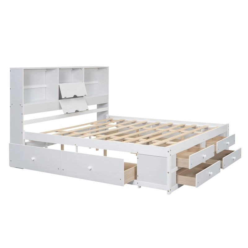 King Size Modern Wooden Bed with Storage Headboard and 8 Drawers