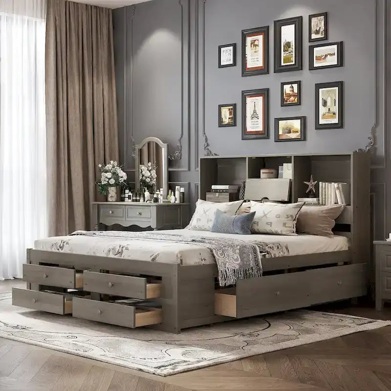 King Size Modern Wooden Bed with Storage Headboard and 8 Drawers