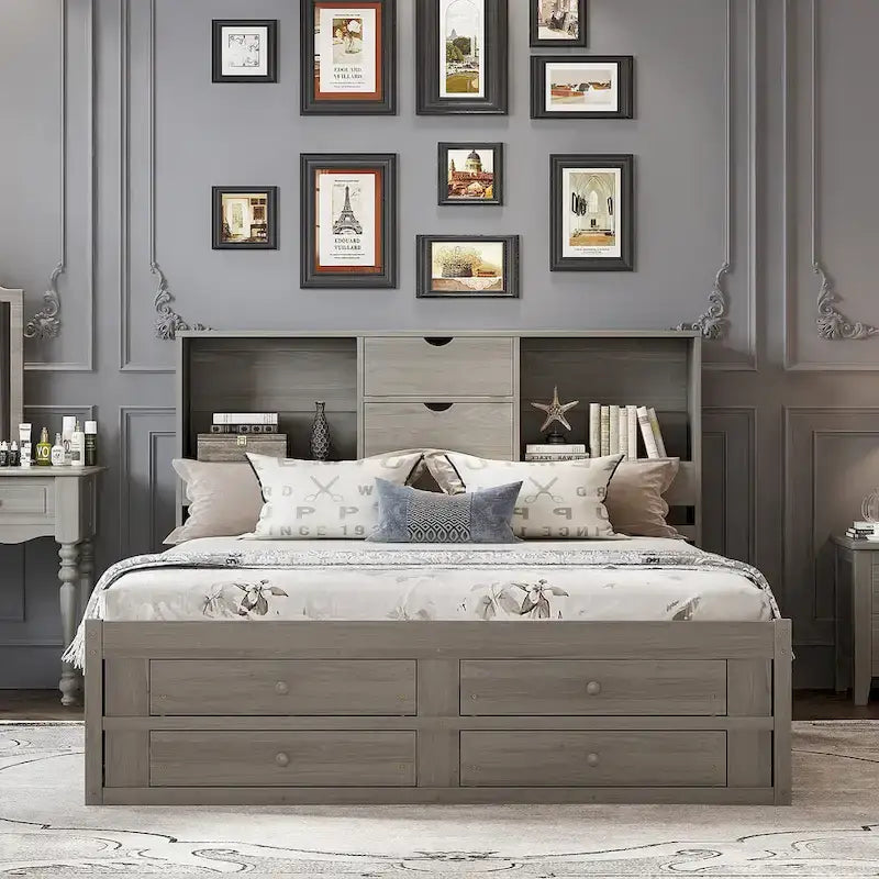 King Size Modern Wooden Bed with Storage Headboard and 8 Drawers