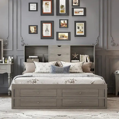 King Size Modern Wooden Bed with Storage Headboard and 8 Drawers