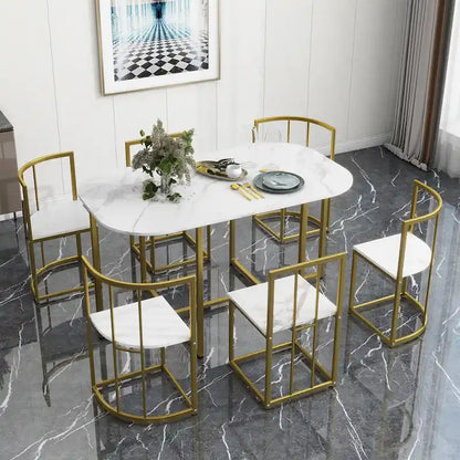 Golden+White 7-Piece Metal Frame Dining Table Set with Half-Round Table &amp; 6 Chairs