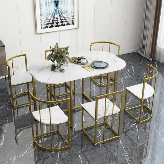 Golden+White 7-Piece Metal Frame Dining Table Set with Half-Round Table & 6 Chairs