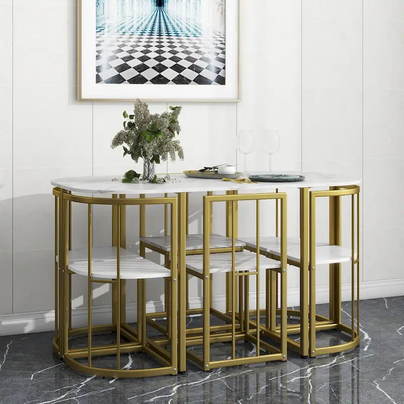 Golden+White 7-Piece Metal Frame Dining Table Set with Half-Round Table &amp; 6 Chairs
