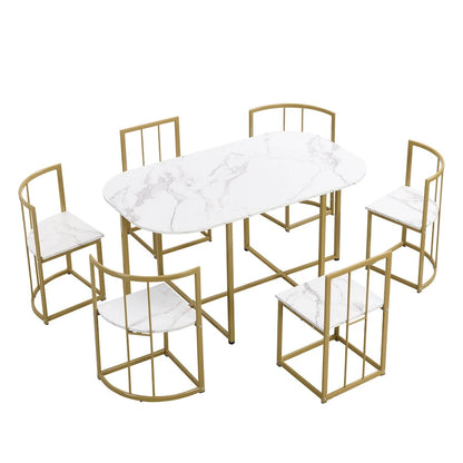 Golden+White 7-Piece Metal Frame Dining Table Set with Half-Round Table &amp; 6 Chairs