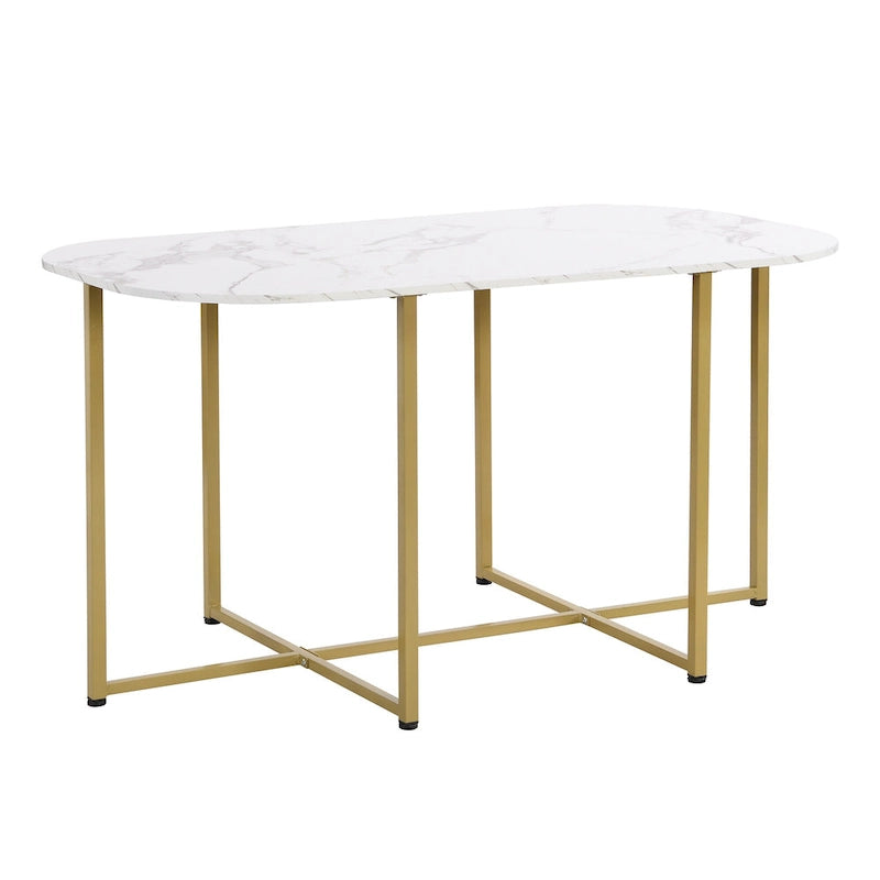 Golden+White 7-Piece Metal Frame Dining Table Set with Half-Round Table &amp; 6 Chairs