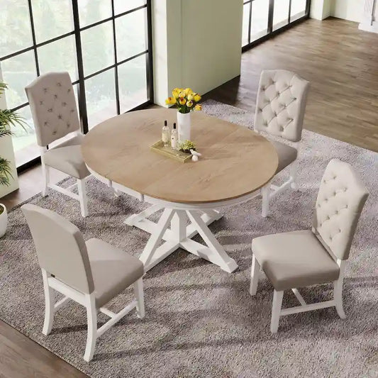 Retro 5-Piece Wooden Dining Table Set with Extendable Round Table &amp; 4 Chairs