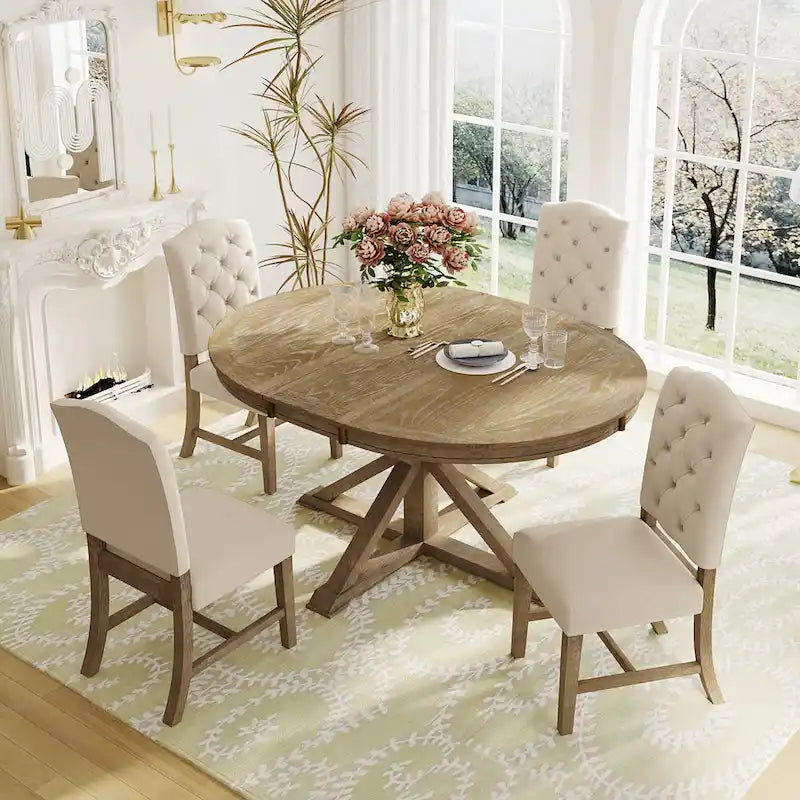 Retro 5-Piece Wooden Dining Table Set with Extendable Round Table &amp; 4 Chairs