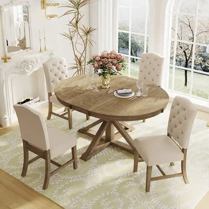 Retro 5-Piece Wooden Dining Table Set with Extendable Round Table &amp; 4 Chairs