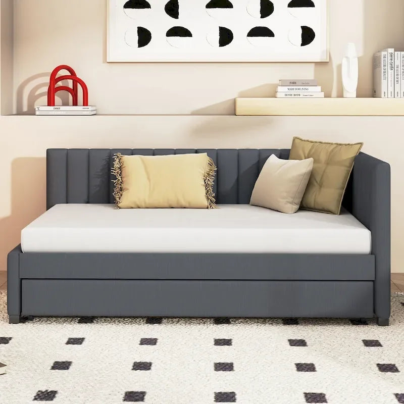 Twin Linen Daybed with Trundle and Semi-Closed Design