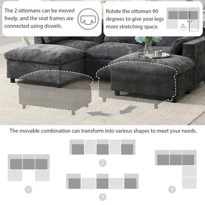 86.5 Chenille Modular Sofa with Storage Pockets, Movable Ottomans