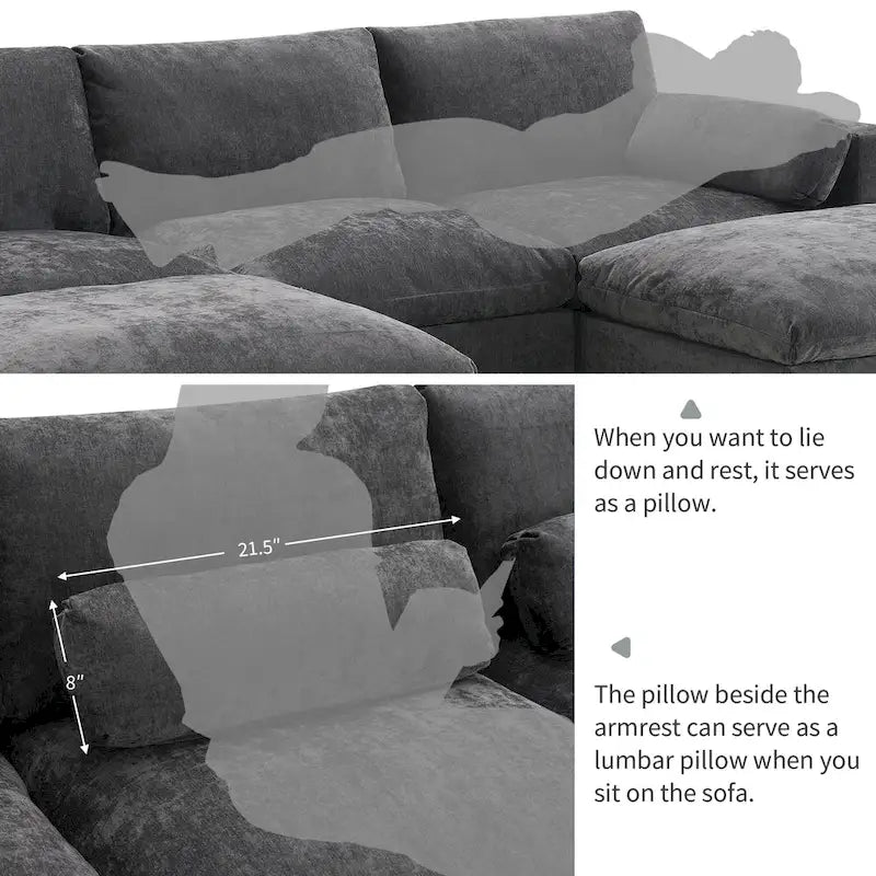 86.5 Chenille Modular Sofa with Storage Pockets, Movable Ottomans