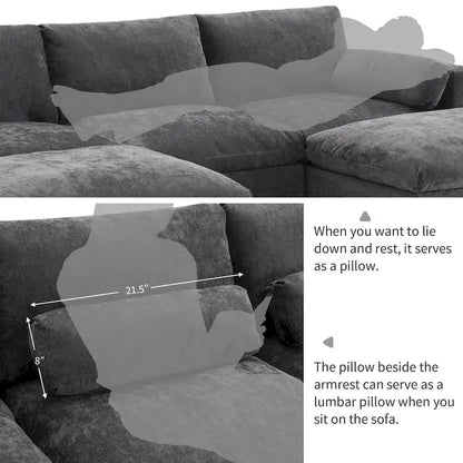 86.5 Chenille Modular Sofa with Storage Pockets, Movable Ottomans