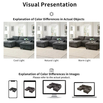 86.5 Chenille Modular Sofa with Storage Pockets, Movable Ottomans
