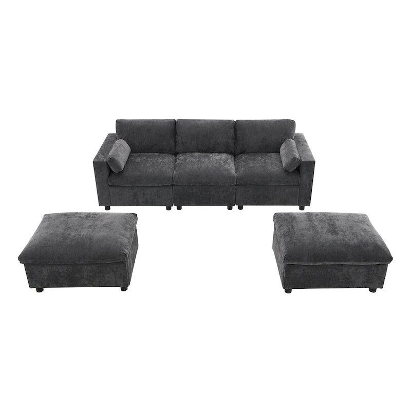 86.5 Chenille Modular Sofa with Storage Pockets, Movable Ottomans
