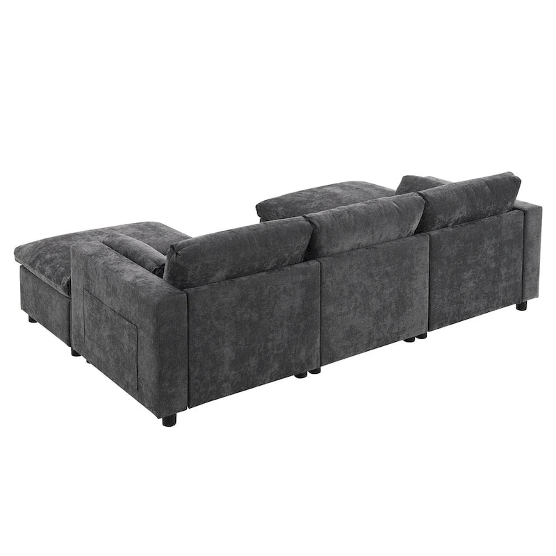 86.5 Chenille Modular Sofa with Storage Pockets, Movable Ottomans