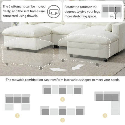 86.5 Chenille Modular Sofa with Storage Pockets, Movable Ottomans
