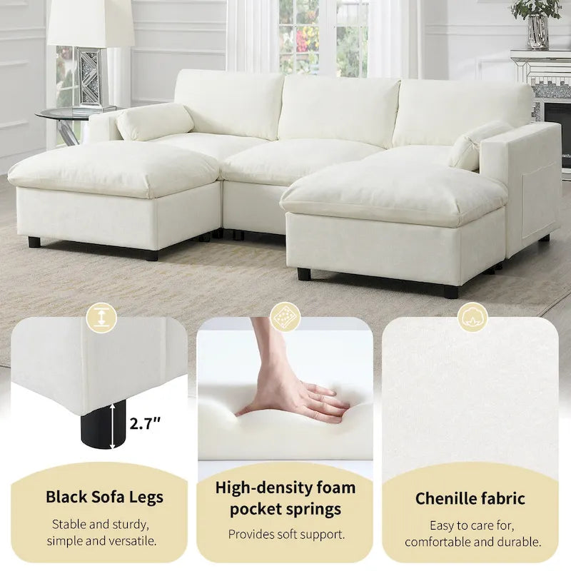 86.5 Chenille Modular Sofa with Storage Pockets, Movable Ottomans