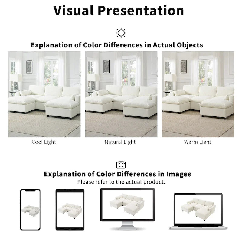 86.5 Chenille Modular Sofa with Storage Pockets, Movable Ottomans