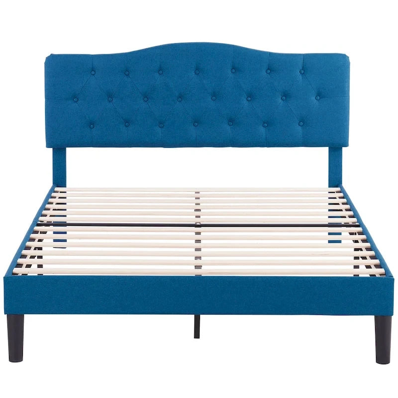 VECELO Modern Tufted Upholstered Bed Frame with Height- Adjustable Headboard,Dark Blue