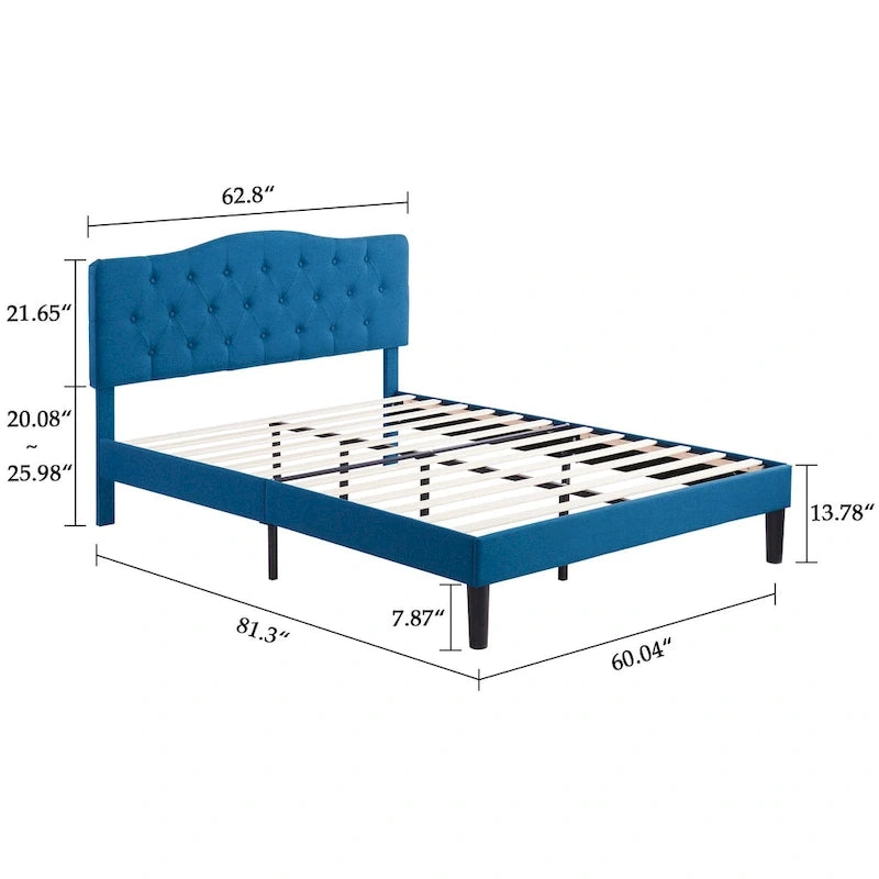 VECELO Modern Tufted Upholstered Bed Frame with Height- Adjustable Headboard,Dark Blue