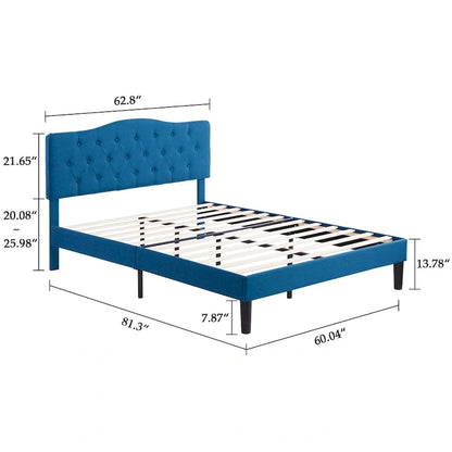 VECELO Modern Tufted Upholstered Bed Frame with Height- Adjustable Headboard,Dark Blue