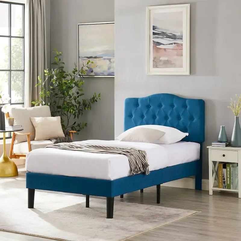 VECELO Modern Tufted Upholstered Bed Frame with Height- Adjustable Headboard,Dark Blue