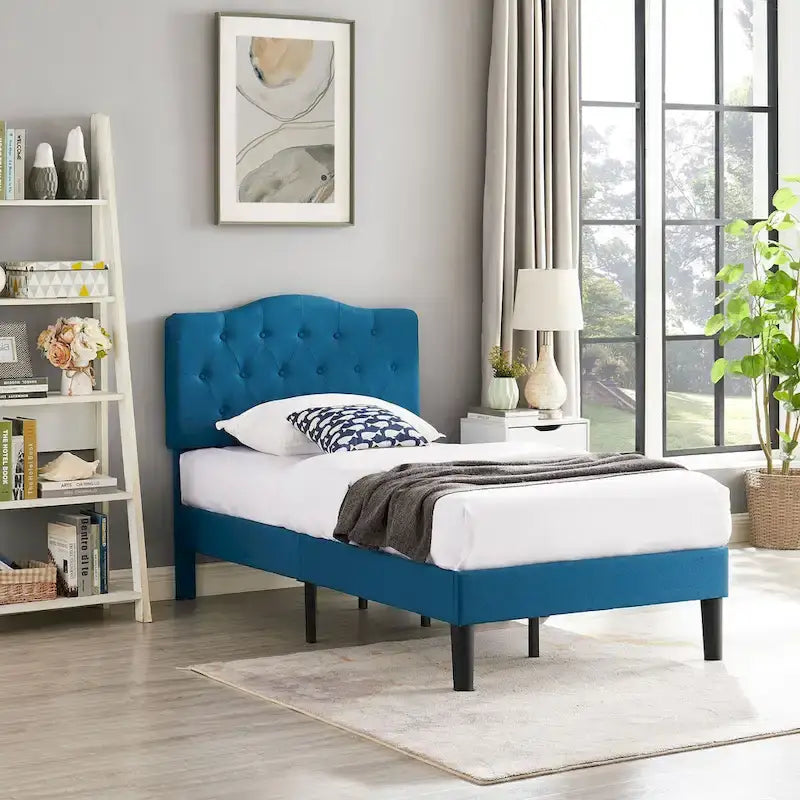 VECELO Modern Tufted Upholstered Bed Frame with Height- Adjustable Headboard,Dark Blue