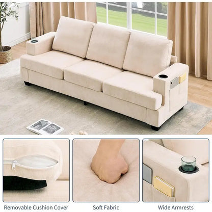 89 3-Seater Sofa, Deep Seat Sofa, Modern Comfy Couches for Living Room with Cup Holders