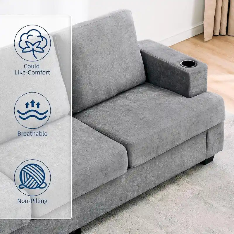 89 3-Seater Sofa, Deep Seat Sofa, Modern Comfy Couches for Living Room with Cup Holders