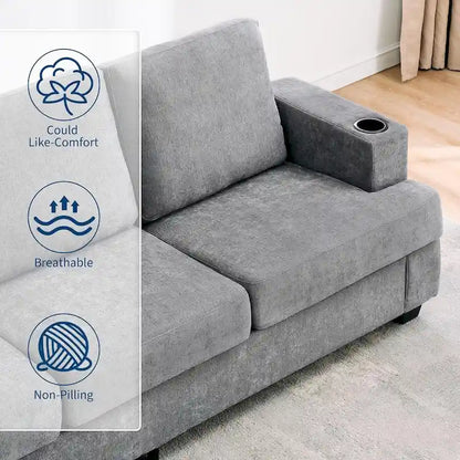 89 3-Seater Sofa, Deep Seat Sofa, Modern Comfy Couches for Living Room with Cup Holders