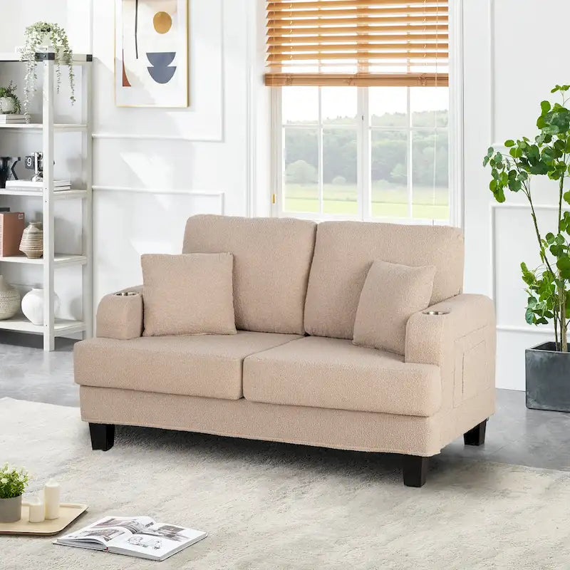 61 Small Beige Loveseat Sofa with 2 Pillows and Cup Holder