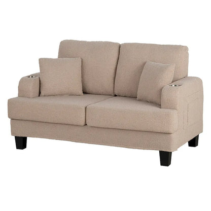 61 Small Beige Loveseat Sofa with 2 Pillows and Cup Holder