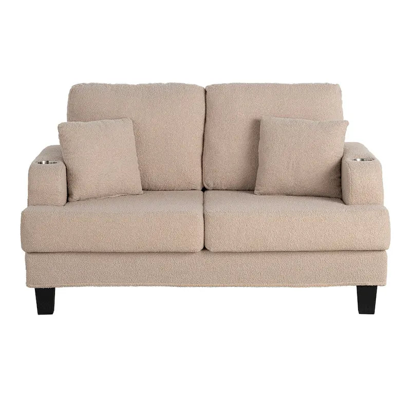 61 Small Beige Loveseat Sofa with 2 Pillows and Cup Holder