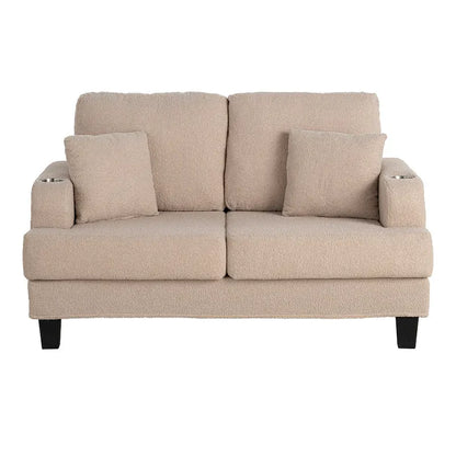 61 Small Beige Loveseat Sofa with 2 Pillows and Cup Holder