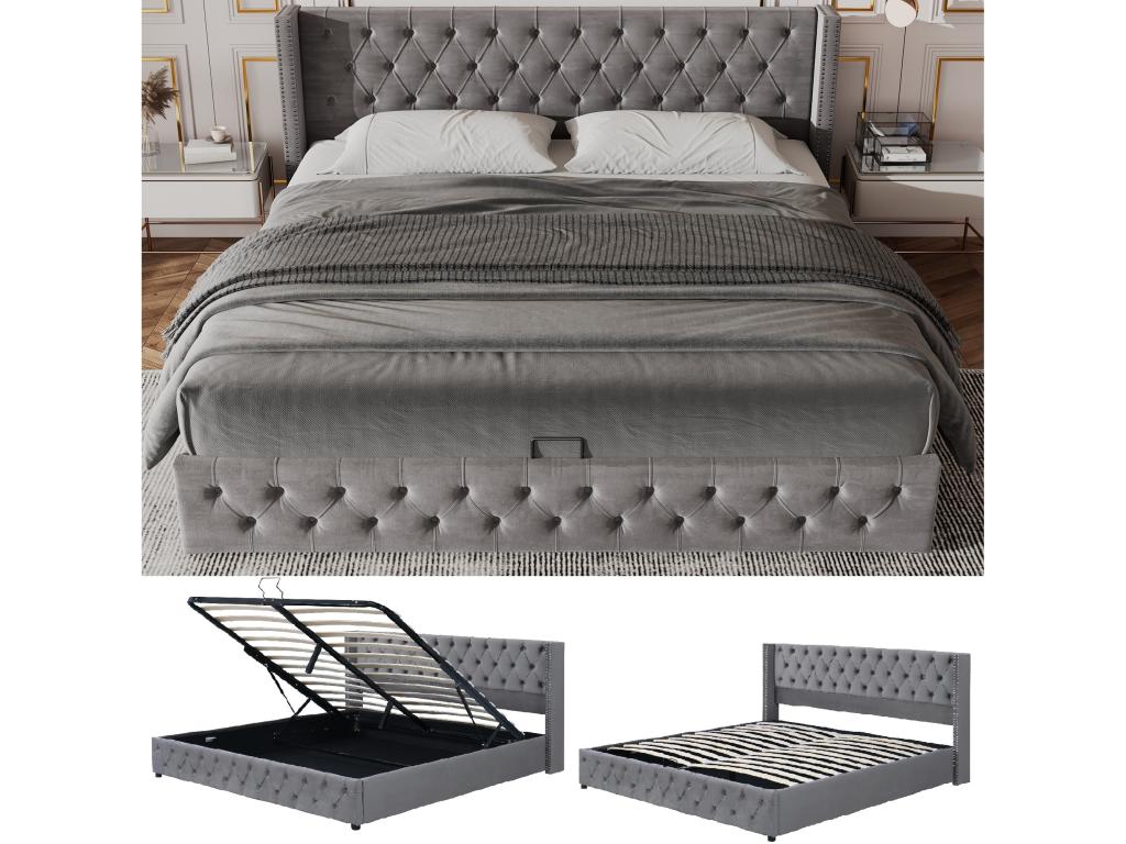Storage bed - 160x200 cm - velvet - Parisianestop style slatted base - grey color 84603XQQH