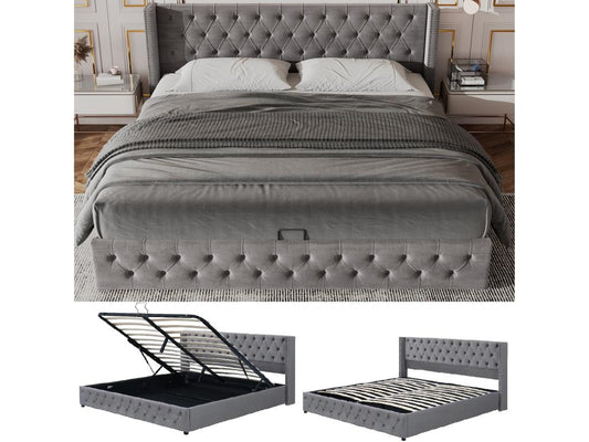 Storage bed - 160x200 cm - velvet - Parisianestop style slatted base - grey color 84603XQQH